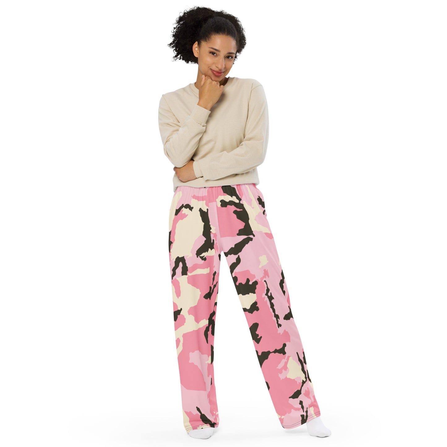 Pink Camo print unisex wide-leg pants