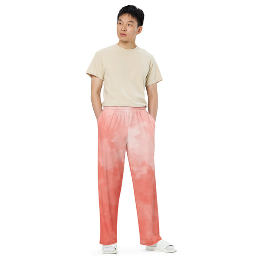 Reddish Pink Cloud print unisex wide-leg pants