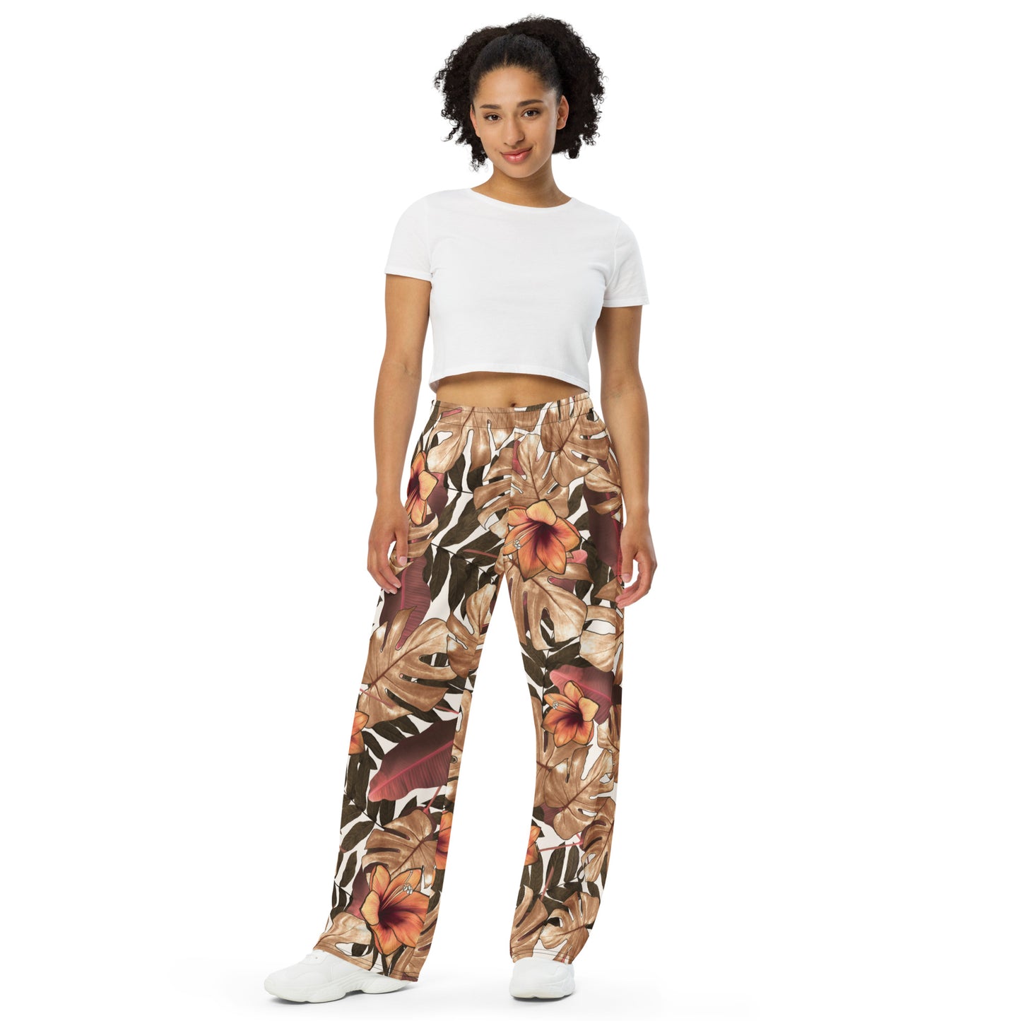 Leaf print unisex wide-leg pants