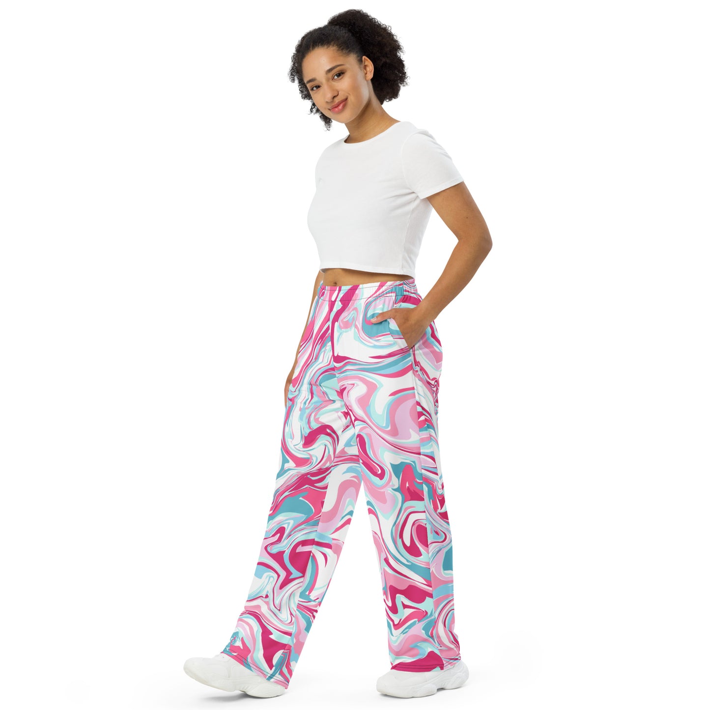 Pink Marble print unisex wide-leg pants