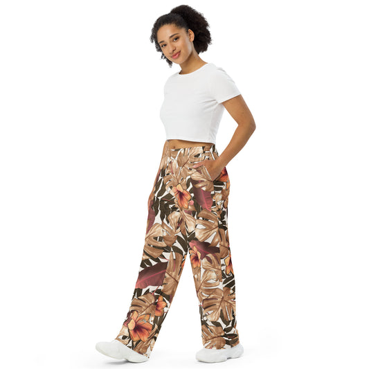 Leaf print unisex wide-leg pants