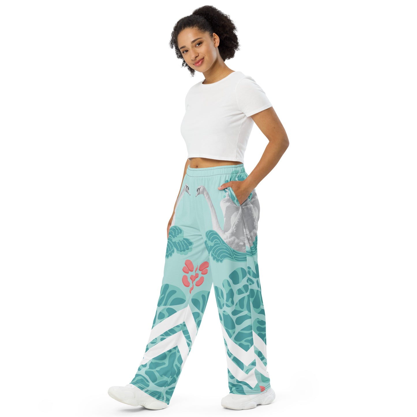 Swan print unisex wide-leg pants