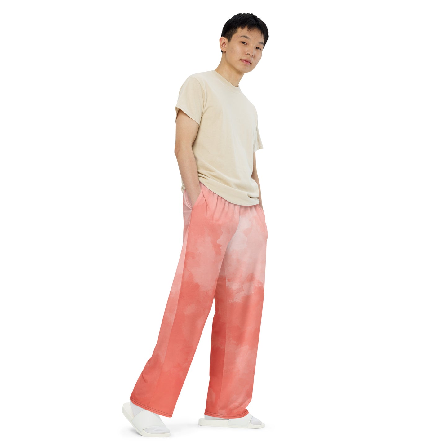 Reddish Pink Cloud print unisex wide-leg pants